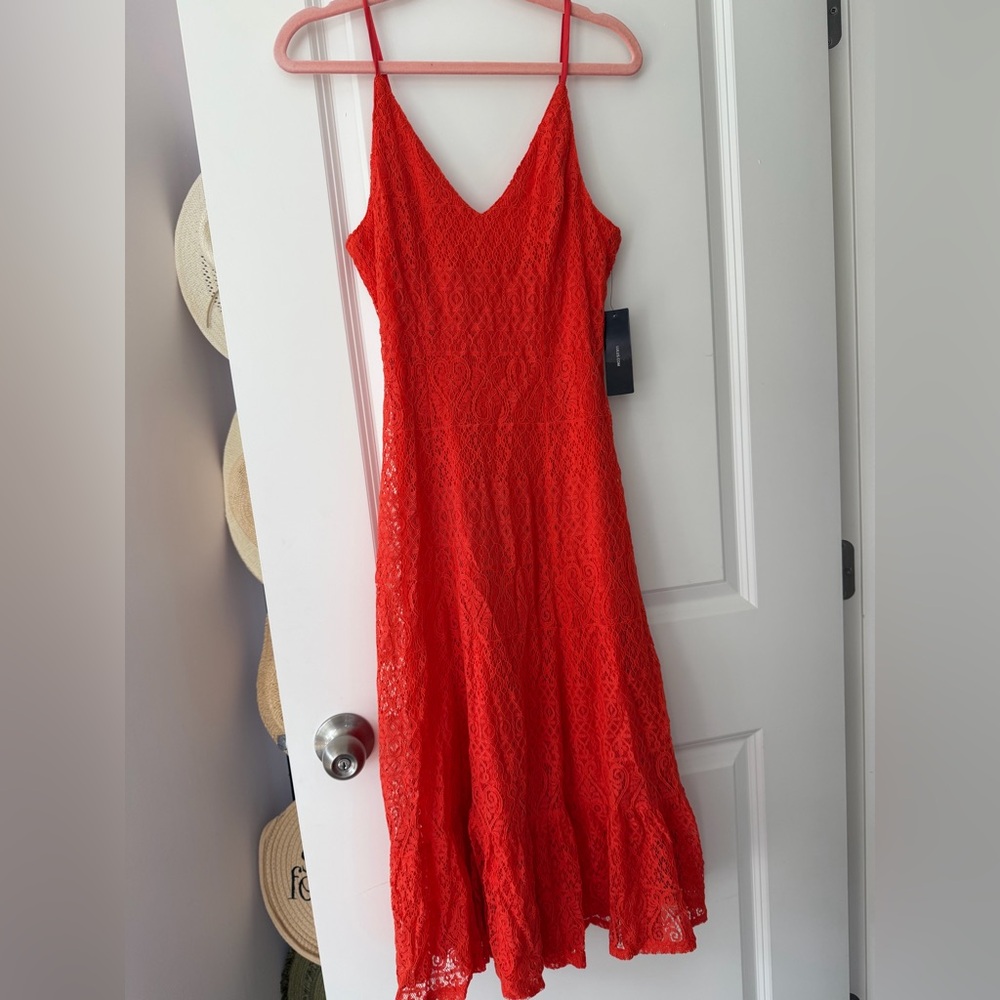 Lulu's Red Lace V-Neck Spaghetti Strap Midi Dress